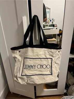 Jimmy Choo Cream Canvas Tote with Black Trim